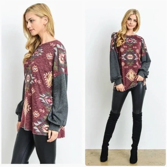 First Love Bohemian Aztec Ethnic Print Long Sleeve Shirt Puff Sleeves NWT Large - Picture 11 of 12